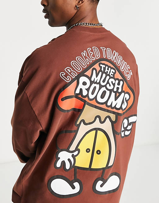 Crooked Tongues oversized long sleeve t-shirt with mushroom graphic print in brown