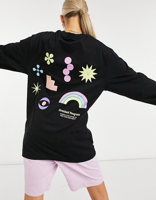 Crooked Tongues oversized long sleeve t-shirt with neon puff print motif in black
