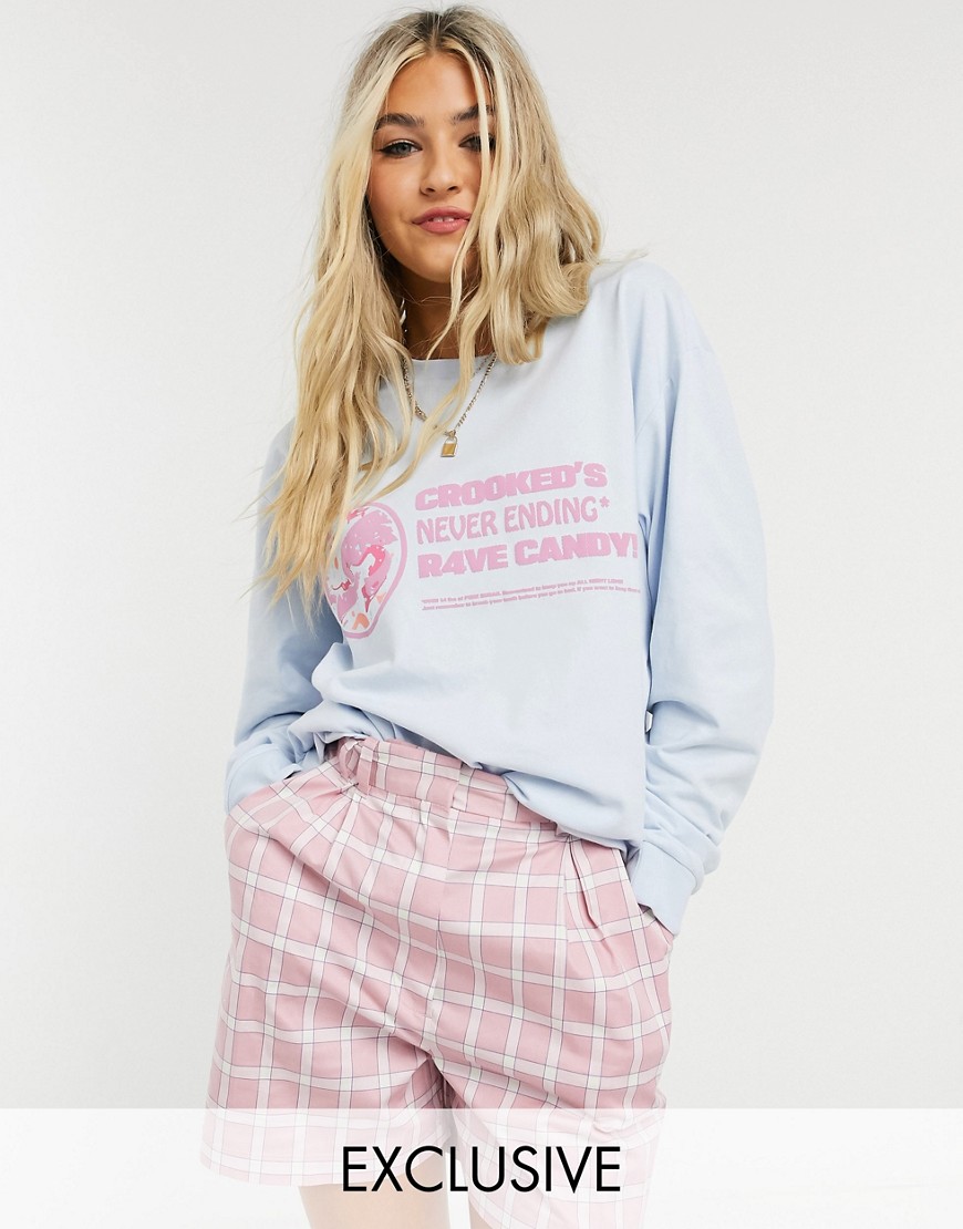 Crooked Tongues oversized longsleeve t-shirt with rave candy print in blue-Blues