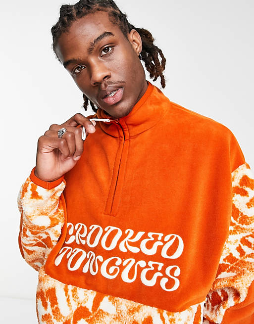 Crooked Tongues oversized quarter zip sweatshirt in all over print polar fleece in orange