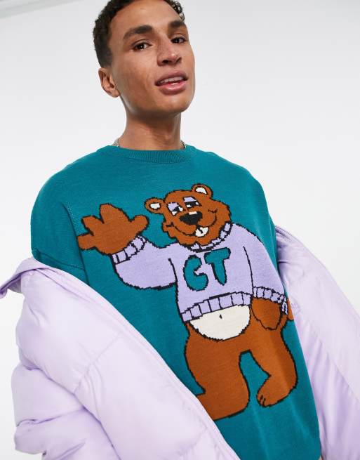Crooked tongues oversized sweater with jacquard pattern in green