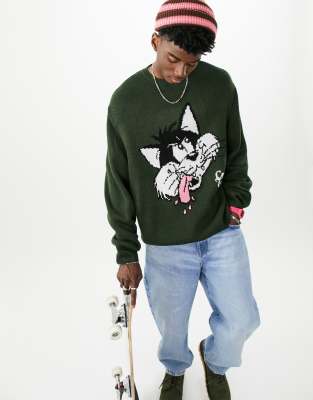 Crooked Tongues oversized sweater with jacquard pattern in khaki