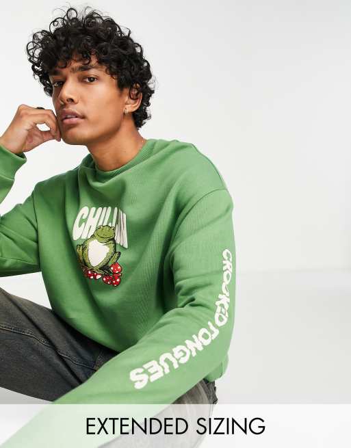 Crooked Tongues - Oversized sweatshirt met 'Chillin' paddenprint in groen