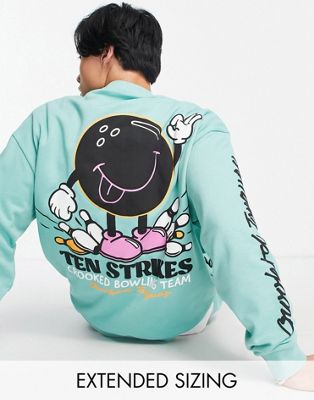 Crooked Tongues oversized sweatshirt with back bowling graphic print in teal green