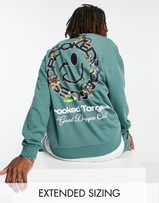 Crooked Tongues oversized sweatshirt with back logo and dogs graphic print in dark green