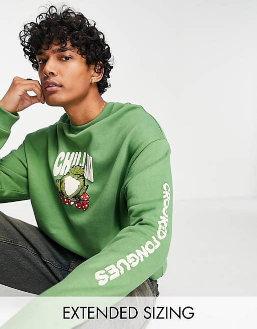 Crooked Tongues oversized sweatshirt with chillin' toad graphic print in green