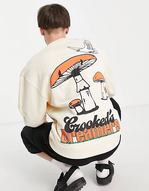 Crooked Tongues oversized sweatshirt with mushroom back graphic print in ecru
