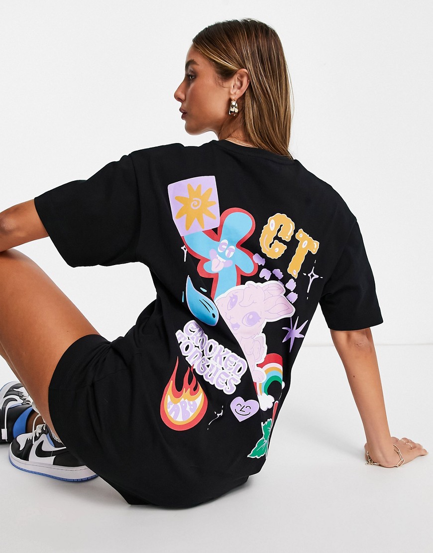 Crooked Tongues oversized t-shirt dress with badge back print in black