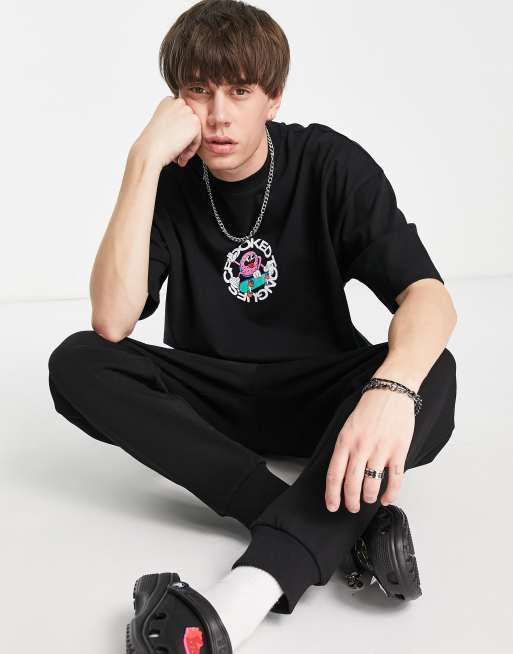 Crooked Tongues - Oversized T-shirt met grafische skateboard print in zwart, deel van co-ord set