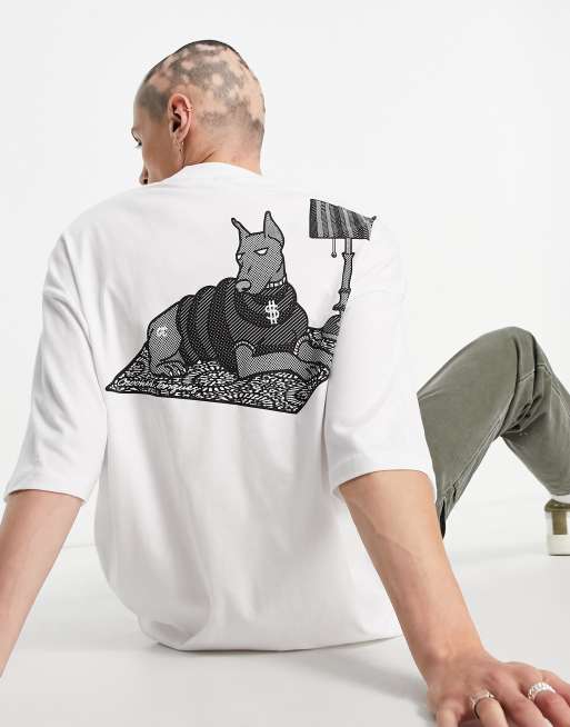 Crooked Tongues - Oversized T-shirt met hondenprint in wit