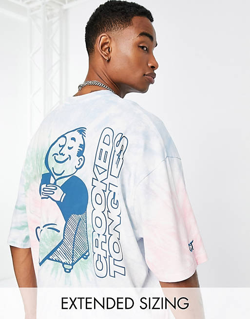Crooked Tongues oversized t-shirt with armchair man back graphic print in tie dye pink, green and blue