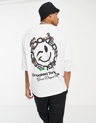 Crooked Tongues oversized t-shirt with back circle dog logo print in white