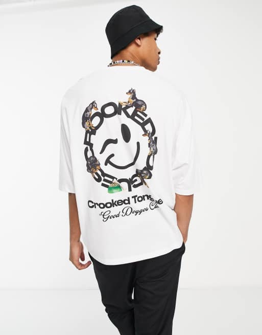 Crooked Tongues oversized t-shirt with back circle dog logo print in white