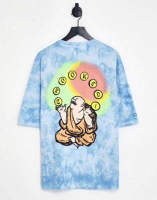 Crooked Tongues oversized t-shirt with back graphic print in blue tie dye wash