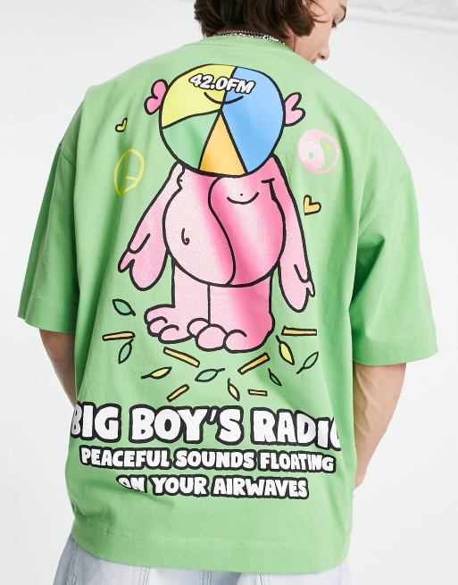 Crooked Tongues Oversized T-Shirt with Big Boys Radio Graphic Print in Green