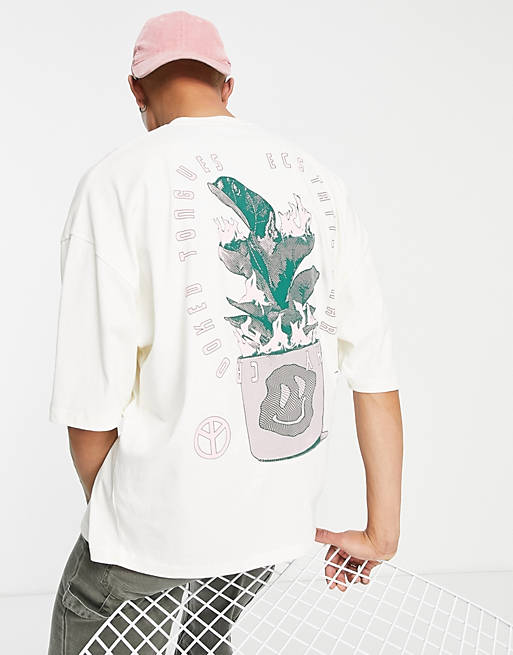 Crooked Tongues oversized t-shirt with burning plant print in ecru