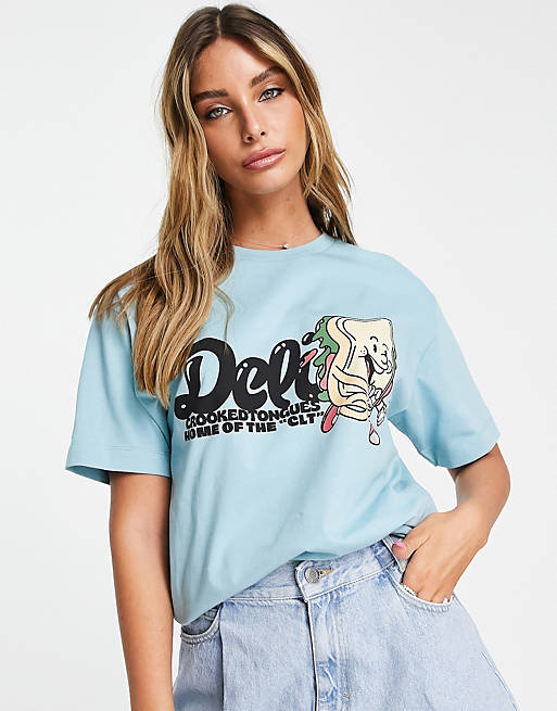 Crooked Tongues oversized t-shirt with deli print in blue