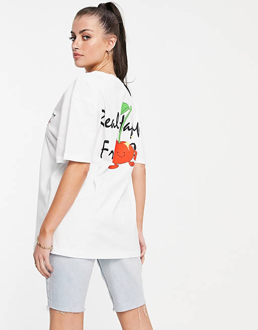 Crooked tongues oversized t-shirt with happy fruit print in white
