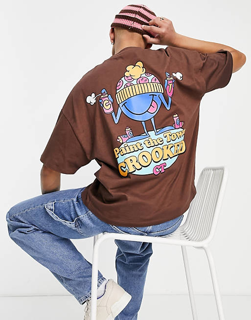 Crooked Tongues oversized t-shirt with paint the town crooked print in brown