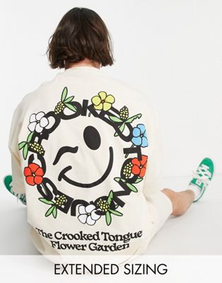 Crooked Tongues oversized t-shirt with smiley graphic print in off white