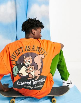 Crooked Tongues oversized  t-shirt with sweet as a nut print in orange