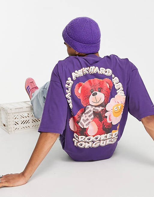 Crooked Tongues oversized t-shirt with teddy graphic print in purple