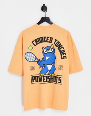 Crooked Tongues oversized t-shirt with varsity tennis owl back graphic print in orange