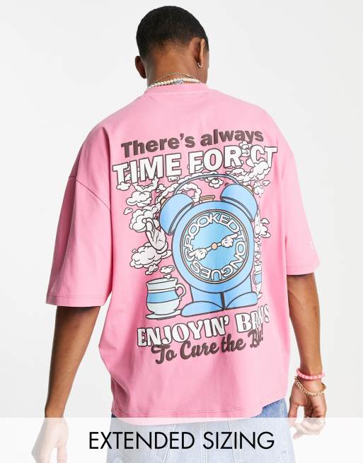 Crooked Tongues - Oversized unisex-T-shirt med 'time for tea'-grafikprint bagpå i pink