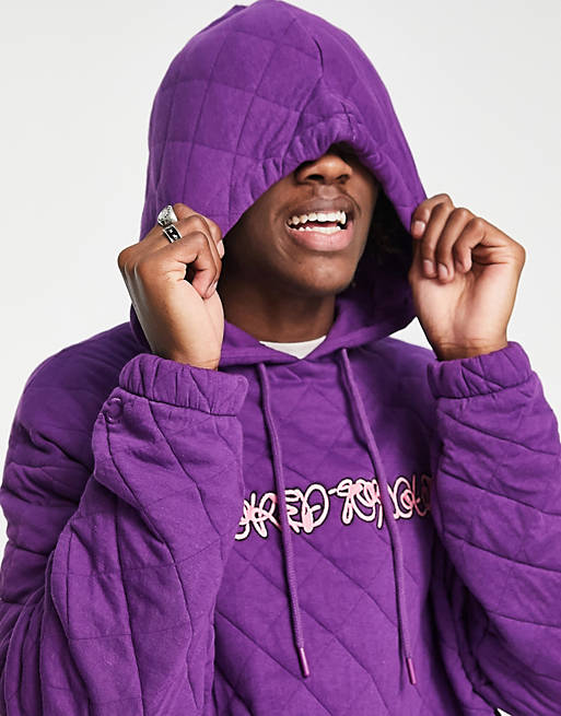 Crooked Tongues quilted hoodie with CT embroidery logo in purple