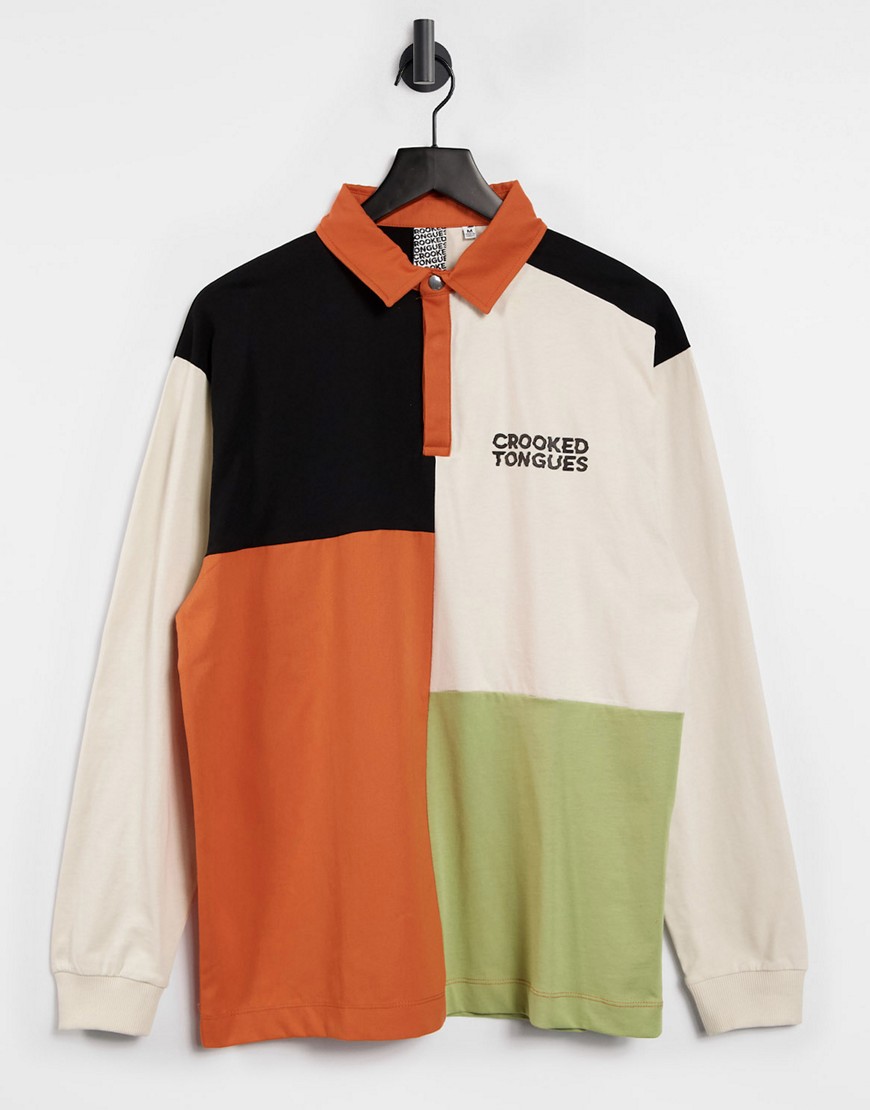 Crooked Tongues rugby polo T-shirt with cut & sew panels in color block-Multi