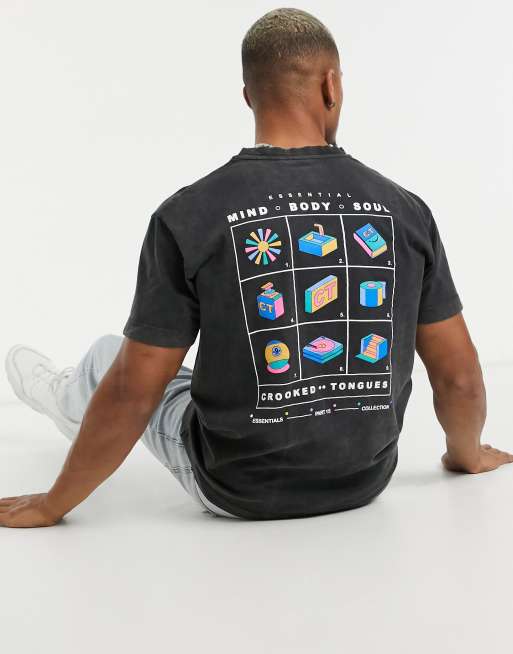 Crooked Tongues – Stentvättad t-shirt i oversize med 'Essentials'-tryck baktill, 3 av 4