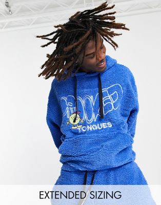 Crooked Tongues co-ord oversized hoodie in teddy borg with logo and character embroidery in blue - ASOS Price Checker