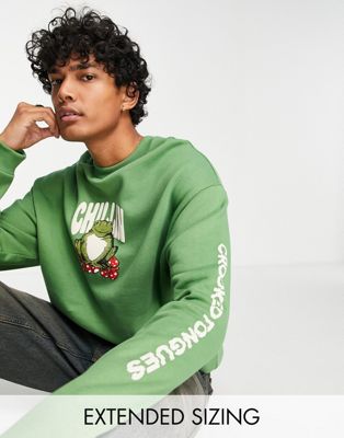 Crooked Tongues oversized sweatshirt with chillin' toad graphic print in green - ASOS Price Checker
