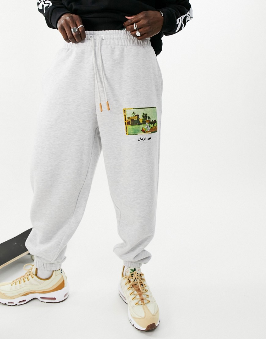 Crooked Tongues sweatpants with scenic picture print in gray - part of a set-Black