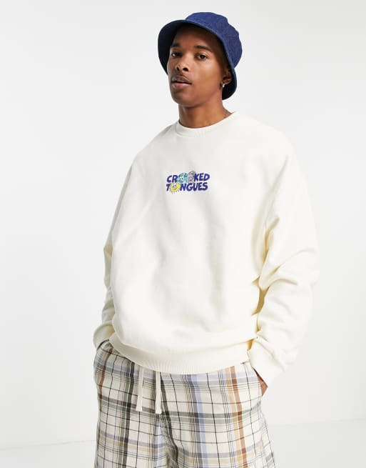Crooked Tongues – Sweatshirt in Weiß mit „Working Together“- und Globus-Print, 4 von 4