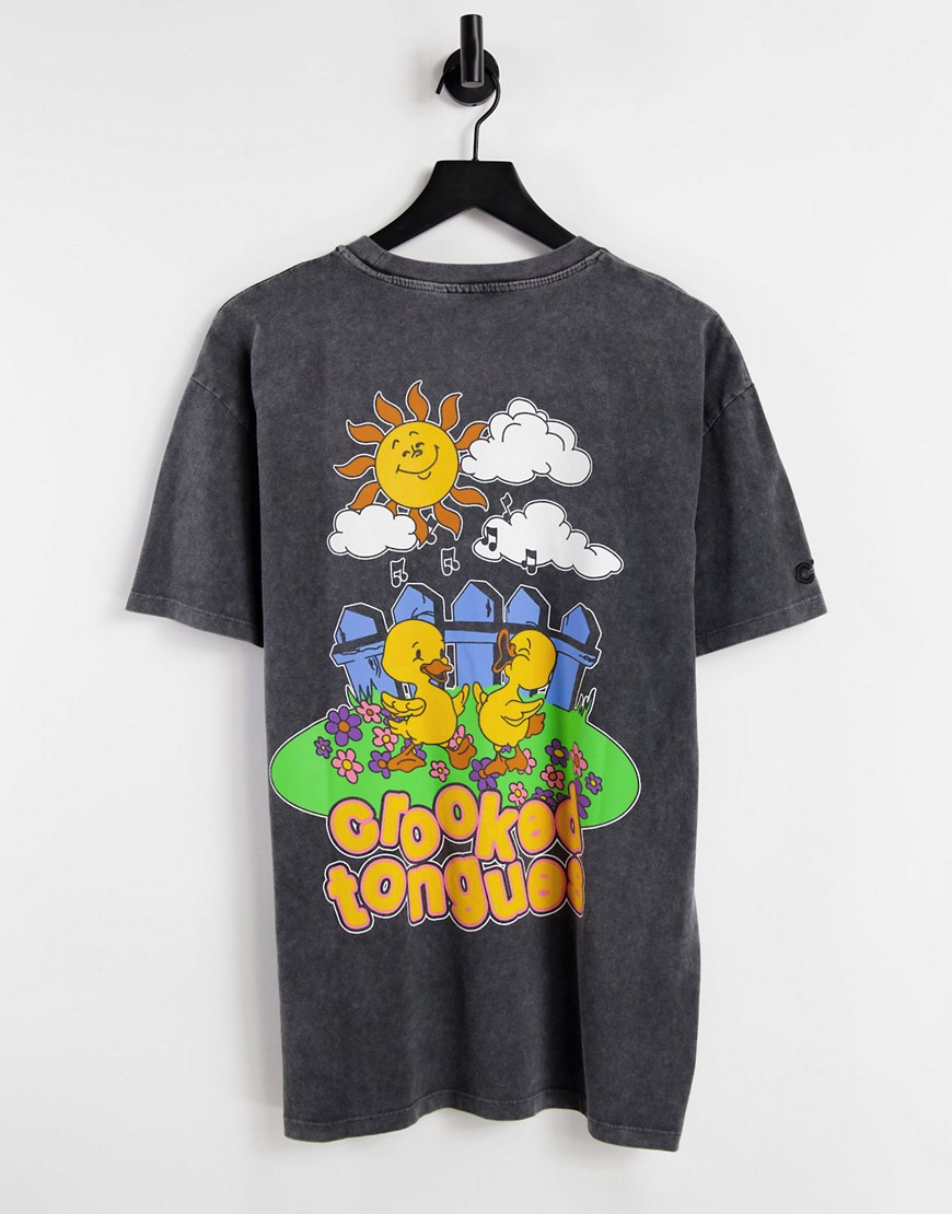 Crooked Tongues - T-shirt avec imprimé jardin et canards - Noir délavé