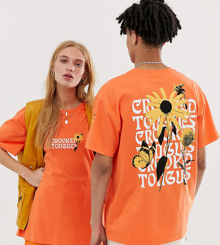 Crooked Tongues - T-shirt unisex oversize arancione con girasole sul retro-Rosso
