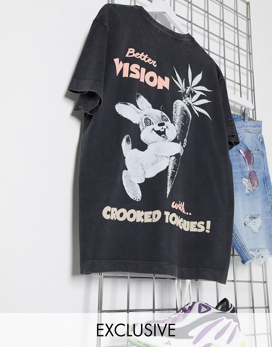 Crooked Tongues - T-shirt unisex oversize lavaggio acido con stampa di coniglio-Bianco