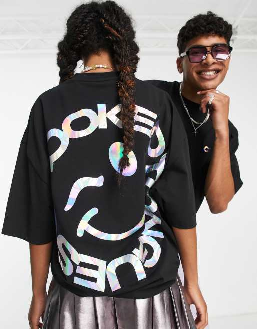 Crooked Tongues - T-shirt unisexe oversize avec grand imprimé irisé au dos - Noir