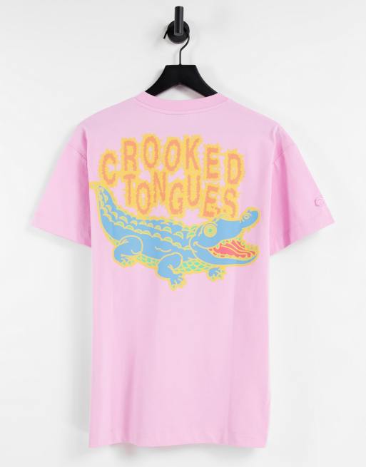 Crooked Tongues T-shirt with crocodile print in pink