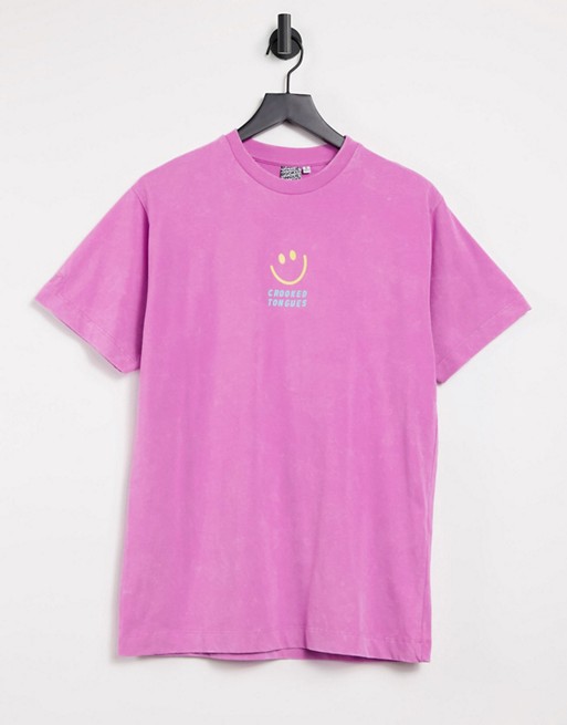 Crooked Tongues t-shirt with crooked badge print in bright pink