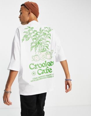 Crooked Tongues t-shirt with crooked cafe print in white