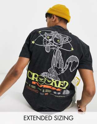 T-shirt with crooked cat mix print in washed black
