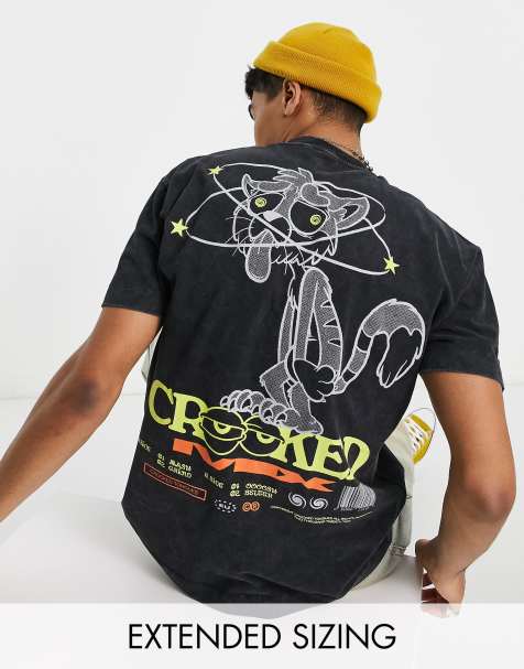 Crooked Tongues T-shirt with crooked cat mix print in washed black - view 1