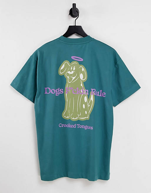 Men Crooked Tongues t-shirt with dogs rule back print in blue 