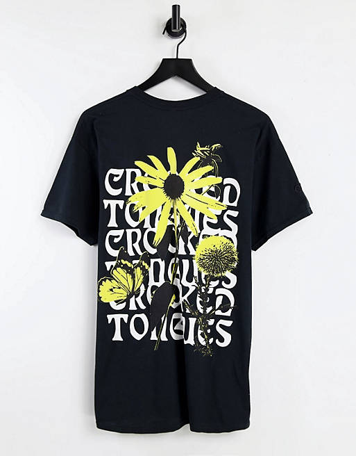 Crooked Tongues t-shirt with flower text print in black