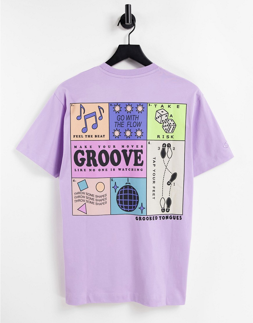 Crooked Tongues T-shirt with Groove box graphic in purple