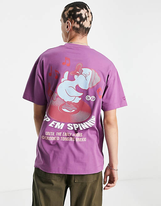 Crooked Tongues t-shirt with 'keep em spinning' graphic print in purple