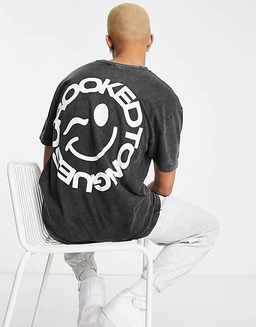 T-Shirts & Vests Crooked Tongues t-shirt with wink smile logo print in washed black 