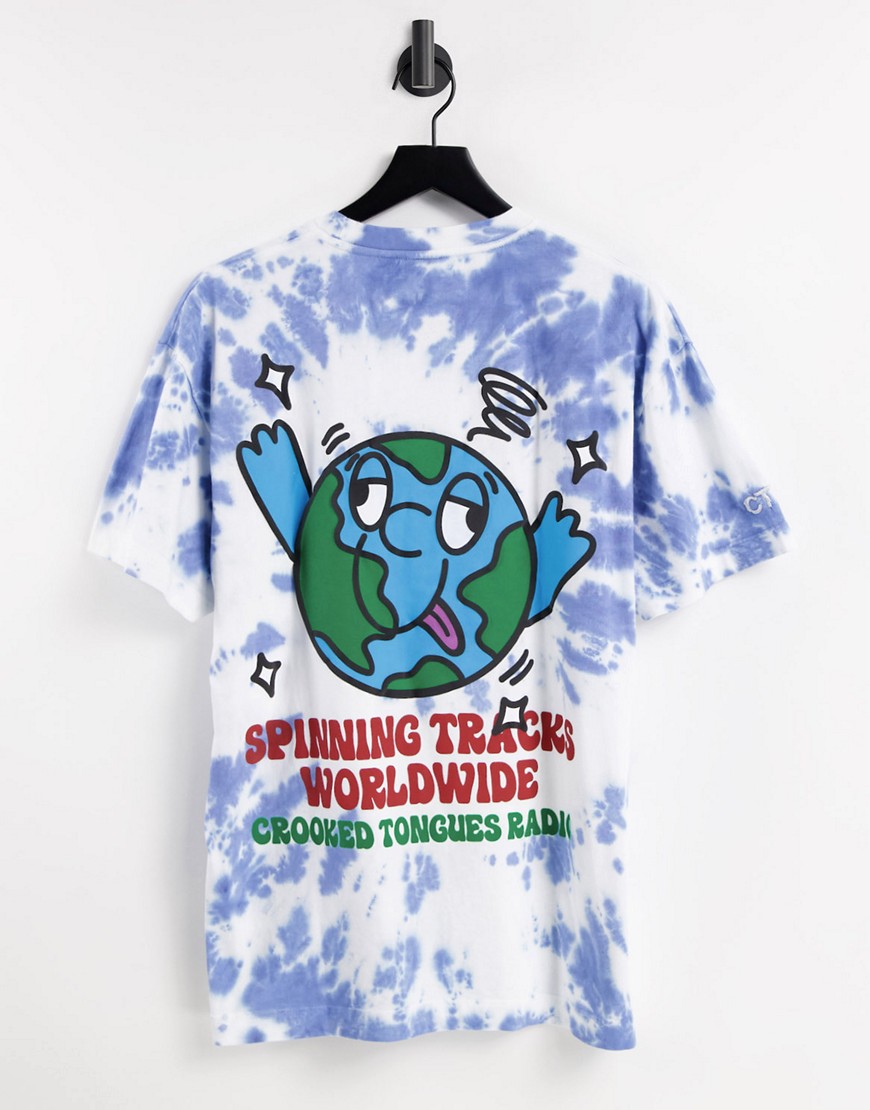 Crooked Tongues t-shirt with world print in blue tie dye-Multi
